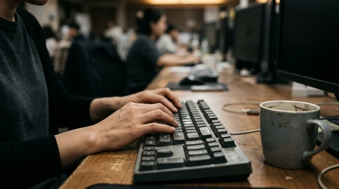 Two Korean hands typing on a keyboard next to a half-finished cold coffee.