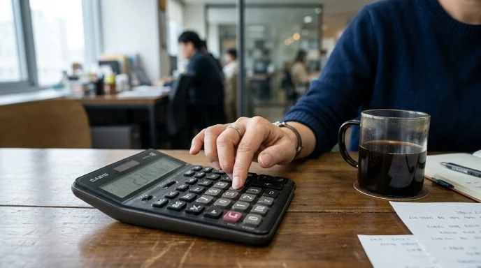 A Korean marketer's hand pressing buttons on a basic desk calculator on a meeting table.