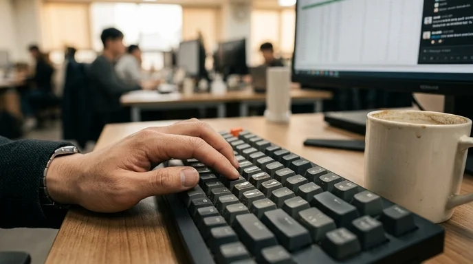 A hand resting on a mechanical keyboard with a coffee cup nearby.