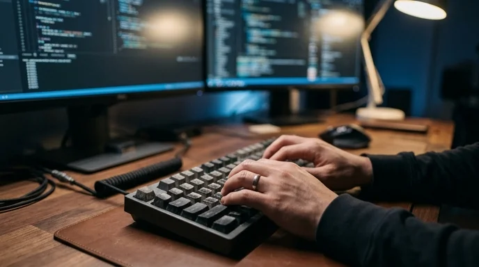 A Korean developer's hands type on a worn mechanical keyboard with blurry dual monitors in the background.