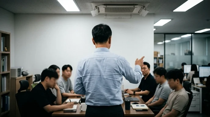 A team leader standing and gesturing towards colleagues in a meeting.