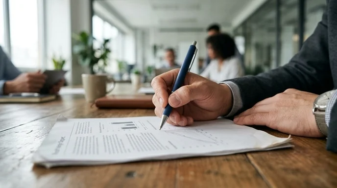 A Korean marketer's hand holding a pen over a blurred printed report with dog-eared corners on a meeting table.