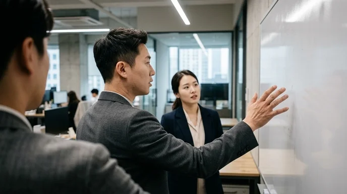 Two Korean professionals discussing in an office with one gesturing toward a whiteboard.