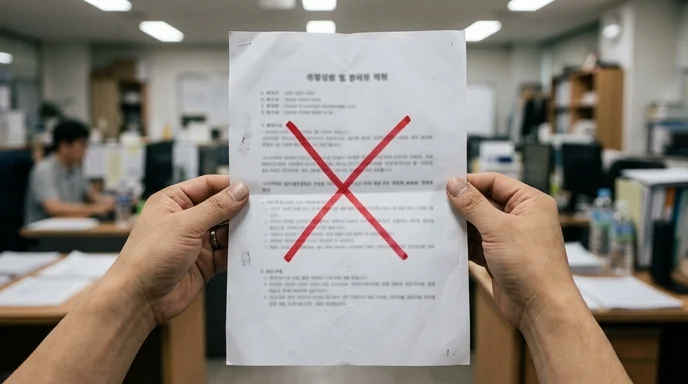 Holding a printed document, two Korean hands display a large red cross mark.