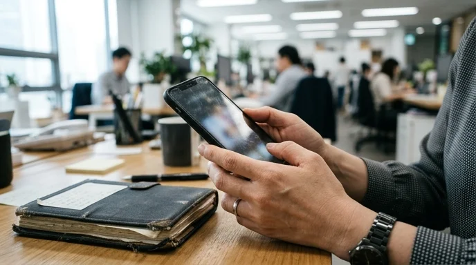 Hands of a Korean employee holding a smartphone over a desk in a bright office.