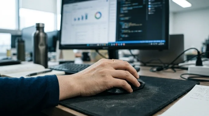 A Korean marketer's hand holding a worn unbranded wireless mouse on a desk.