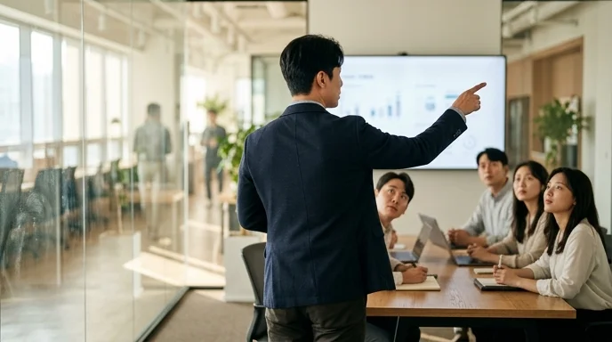 A Korean marketer viewed from behind pointing at an out-of-focus presentation screen in a meeting room.
