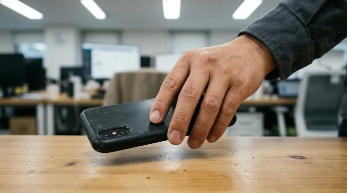 A Korean person's hand lifting an unbranded smartphone face-down from a wooden desk.