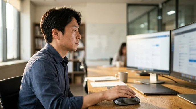 A Korean man seen from the side sitting at a meeting room desk looking at dual monitors, his hand on a wireless mouse.