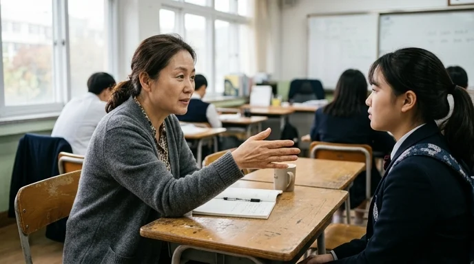 A Korean teacher gesturing with an open hand across a worn wooden desk in a bright classroom.