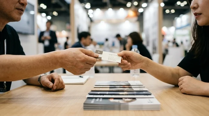 Two professionals exchanging business cards across a table at an exhibition booth.