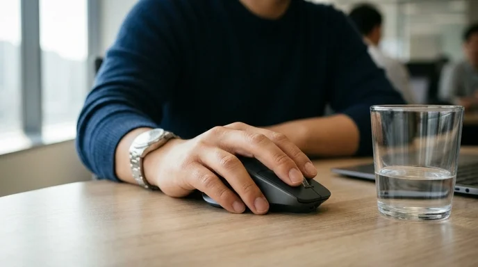 A hand resting on a computer mouse next to a clear glass tumbler on a meeting table.