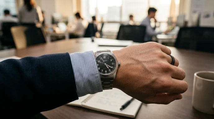 A Korean businessman's wrist wearing an analog watch, checking the time while resting his hand on a table.