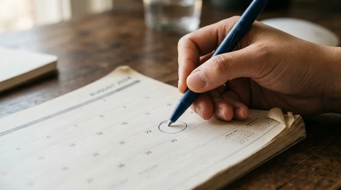 Using a pen, a Korean hand draws a circle on a printed desk calendar.