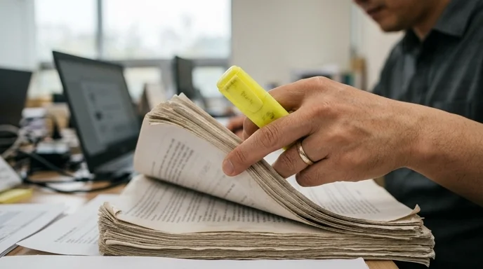 An employee's hand highlighting a stack of printed papers with a yellow marker.