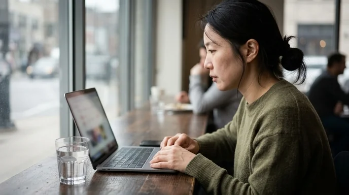 A Korean woman sitting at a table looking at a laptop with a glass tumbler nearby.