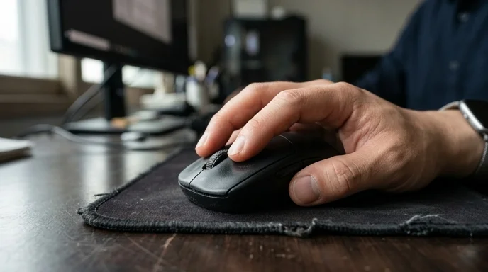 Close-up of a Korean person's hand holding an unbranded matte mouse on a dark desk.