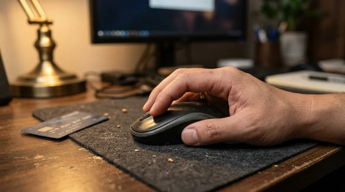 A Korean user's hand resting on a worn wireless mouse with a blurred credit card nearby.