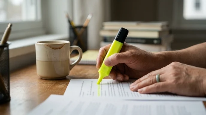 A Korean teacher's hand holding a highlighter over a blurred printed report on a desk, next to a stained coffee mug.
