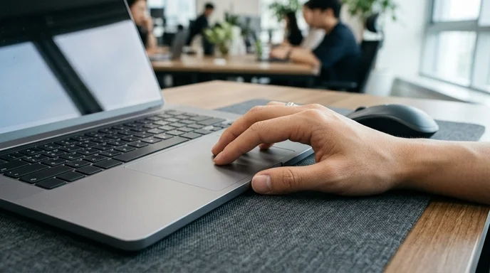 A Korean professional's hand resting gently on a sleek laptop trackpad.