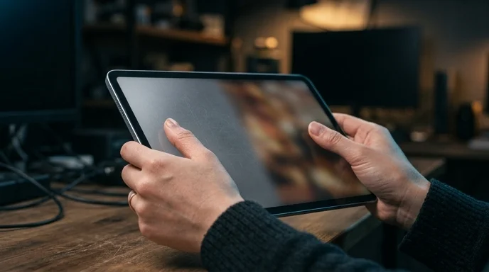 A Korean editor's hands holding a tablet and making a stretching gesture.