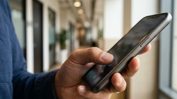 A Korean professional's hand swipes the blurry screen of a smartphone with fingerprints on its edge.