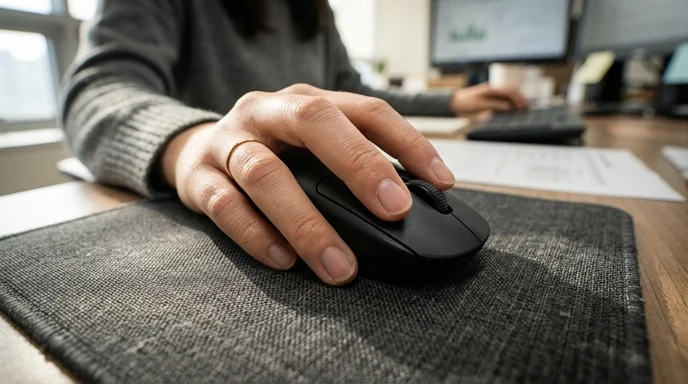 Detail of a wireless mouse held firmly on a dark grey fabric mousepad.