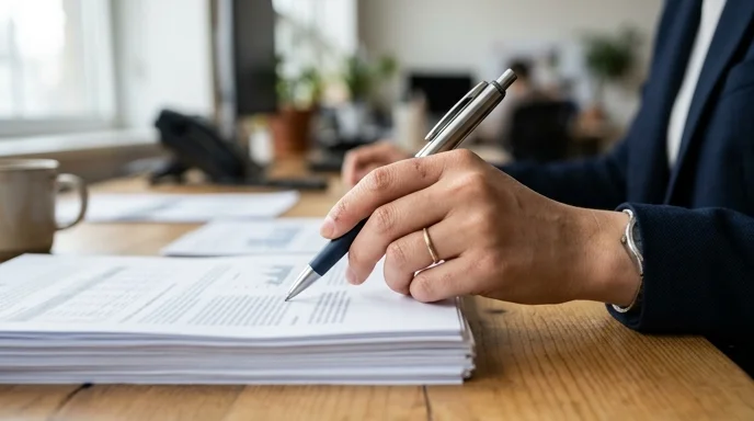 A Korean marketer's hand holding a pen and pointing at a stack of blurred printed documents on a wooden desk.