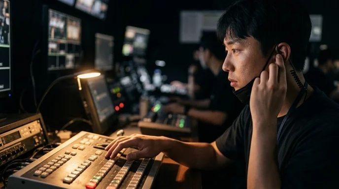 A staff member pressing an earpiece while resting one hand on a controller.