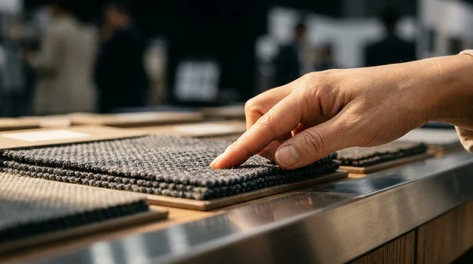 A visitor's hand gently touching a thick fabric swatch on an exhibition table under side light.