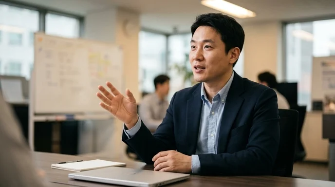 A consultant gesturing with an open hand over a meeting table with a laptop edge in the foreground.