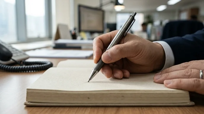 A Korean representative's hand holding a pen on a plain diary with a phone cord in the blurred background.