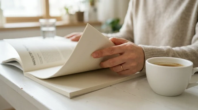A woman's hand turning a page of a blurred thick report on a white desk.