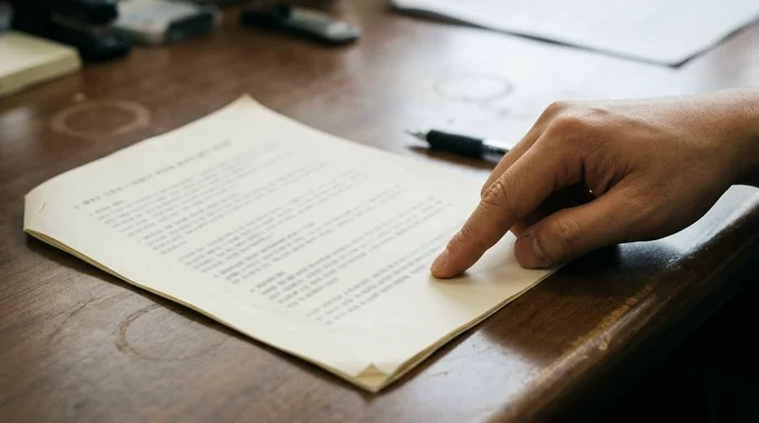 A planner's hand pressing on the creased margin of an out-of-focus printed report on a desk.