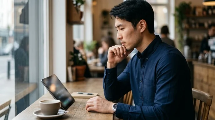 A young professional looking at a tablet on a cafe table while resting his chin on his hand.