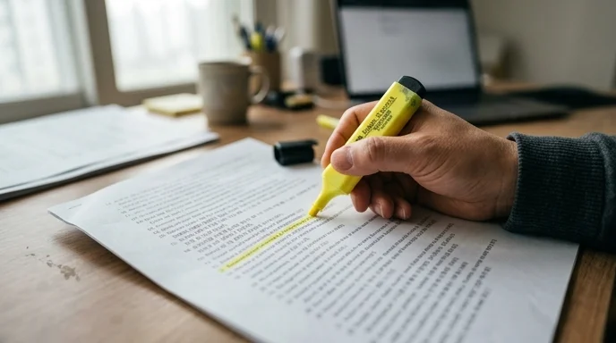 A Korean man's hand using a yellow highlighter on a printed document filled with numbered lists.
