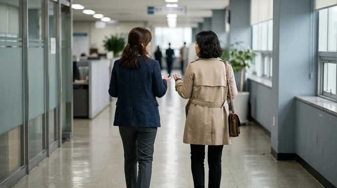 Back view of two Korean colleagues walking down an office hallway on an overcast day.
