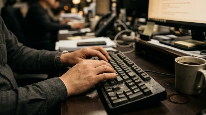 A Korean employee's hands typing on a worn keyboard next to a cold coffee mug.