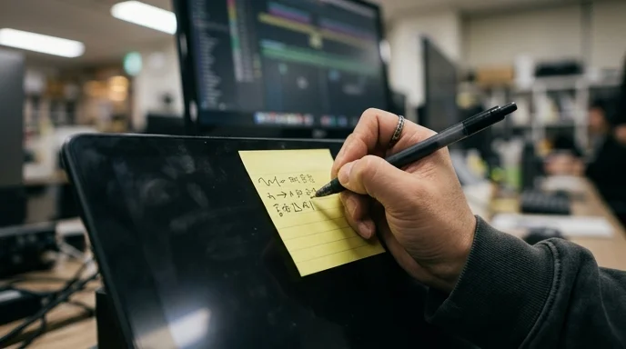 A Korean producer's hand writing symbols on a sticky note.