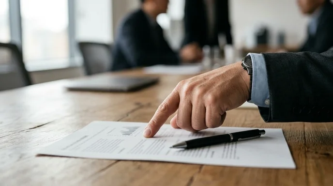 A Korean manager's hand points at a printed report next to a metal pen on a wooden meeting table.