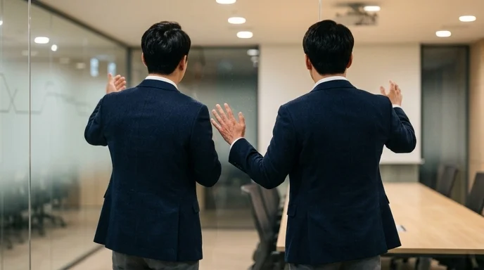 Back view of a Korean employee resting a hand on a glass meeting room wall.