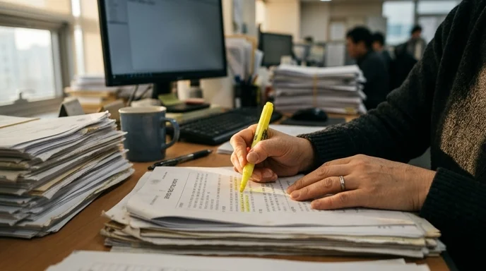 Close-up of a Korean employee's hand using a yellow highlighter on a stack of printed reports on a desk.