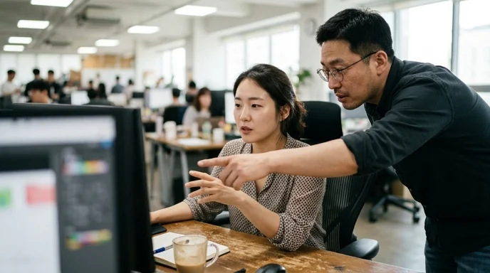 Two colleagues discussing a workflow, with one leaning over the other's shoulder in a bright office.