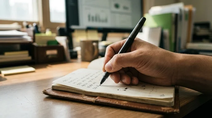 A hand holding a pen and writing in a leather-bound diary on a slightly cluttered office desk.