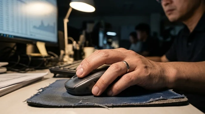 A Korean analyst's hand gripping a computer mouse with visible smudges on it.
