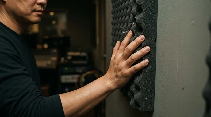 An engineer's hand pressing against a porous acoustic foam panel with dust trapped in the textured pores.