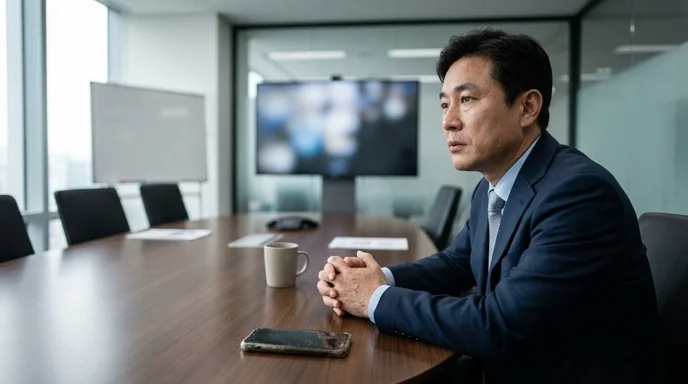A Korean executive sitting at a round conference table with hands clasped, looking towards an out-of-focus screen.
