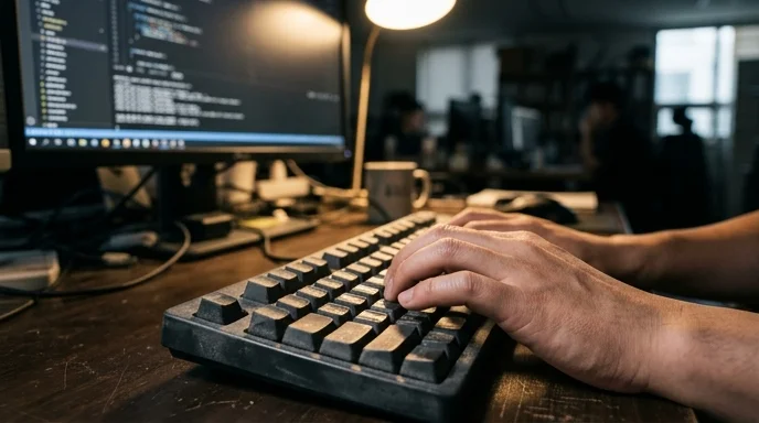 A Korean developer's hands typing on a dusty and worn mechanical keyboard.