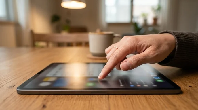 A Korean consumer's hands swiping a tablet screen on a wooden dining table under warm light.
