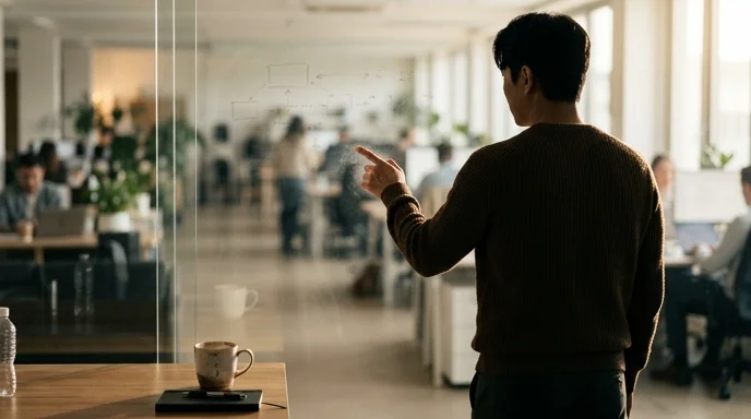 Silhouette of a Korean developer pointing at a glass wall in an office.